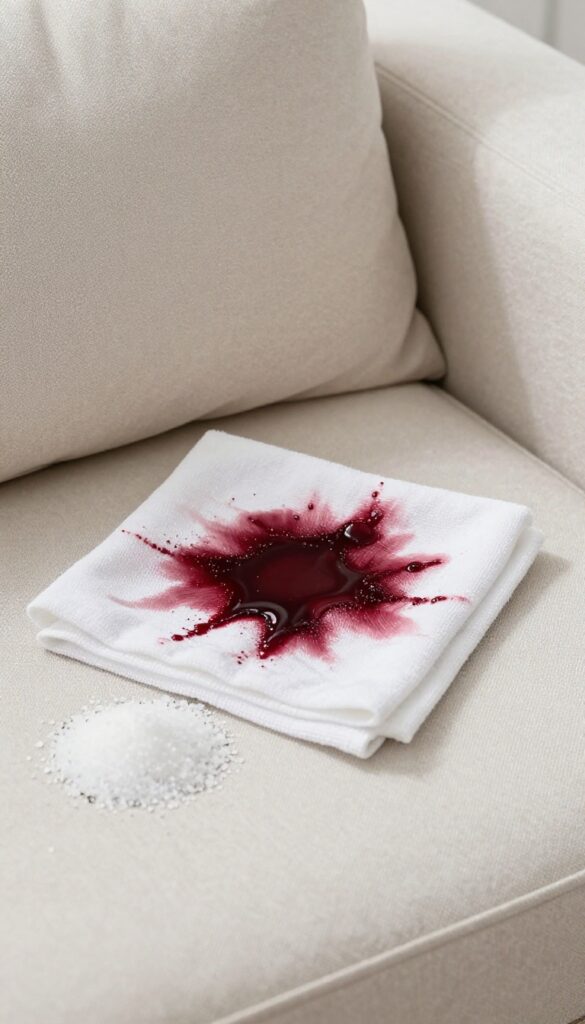 Blotting red wine spill on light couch with salt nearby