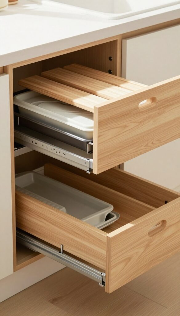 Open pull-out drawer under kitchen sink with cutting boards in vertical slot and baking sheets organized on edge.