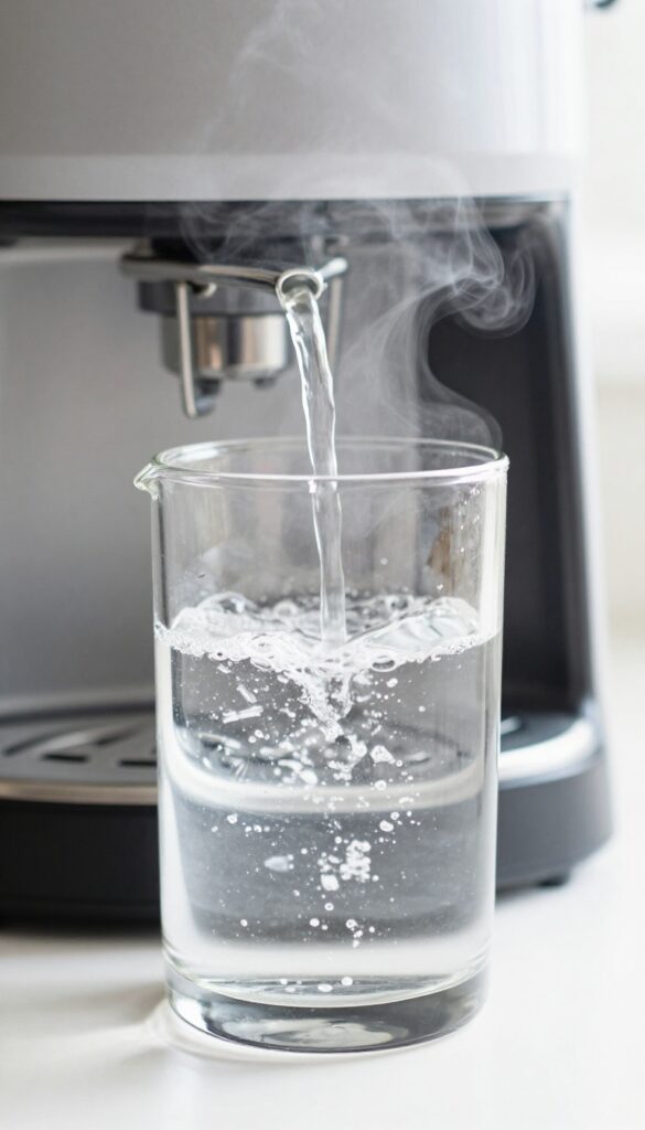 Rinsing a coffee carafe with fresh water after cleaning with vinegar.