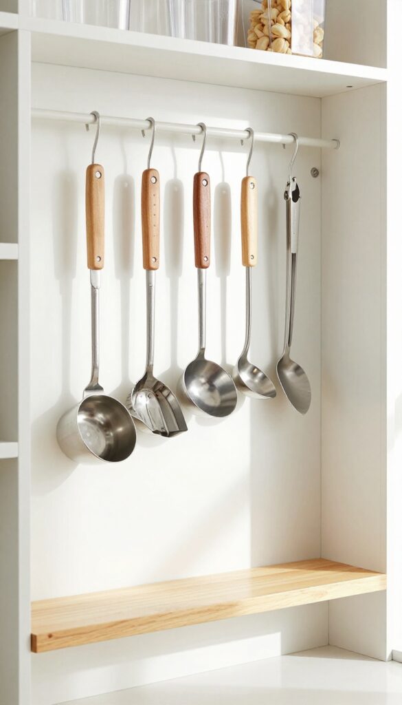 Pegboard mounted low on pantry wall holding kitchen tools, with natural light and clean shelves