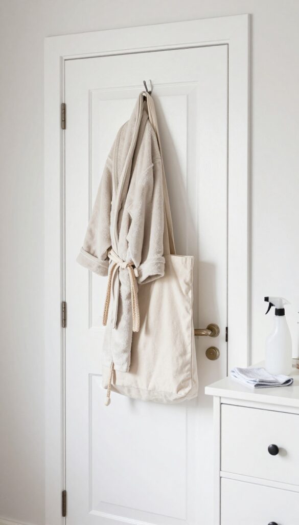 Clean white closet door with neatly organized hanging items and cleaning supplies nearby in a bright bedroom