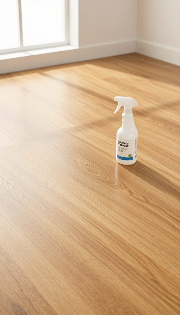 Close-up of a laminate floor being buffed with a microfiber cloth, with a spray bottle of restorer nearby, in bright natural light.