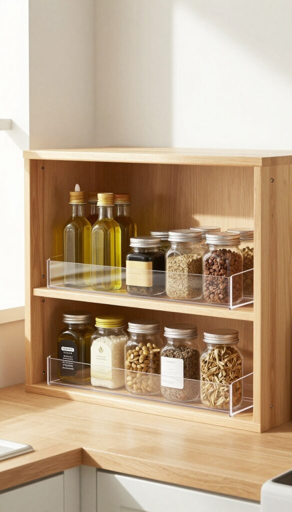 Pantry shelf with a clear lazy Susan holding jars of oils and spices