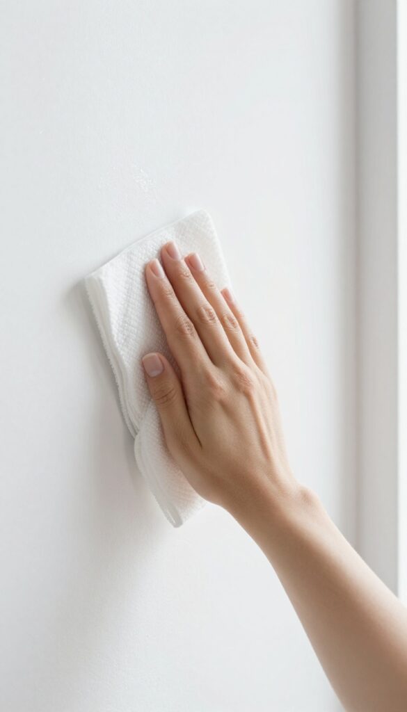 Hand wiping a wall with a dryer sheet in bright natural light