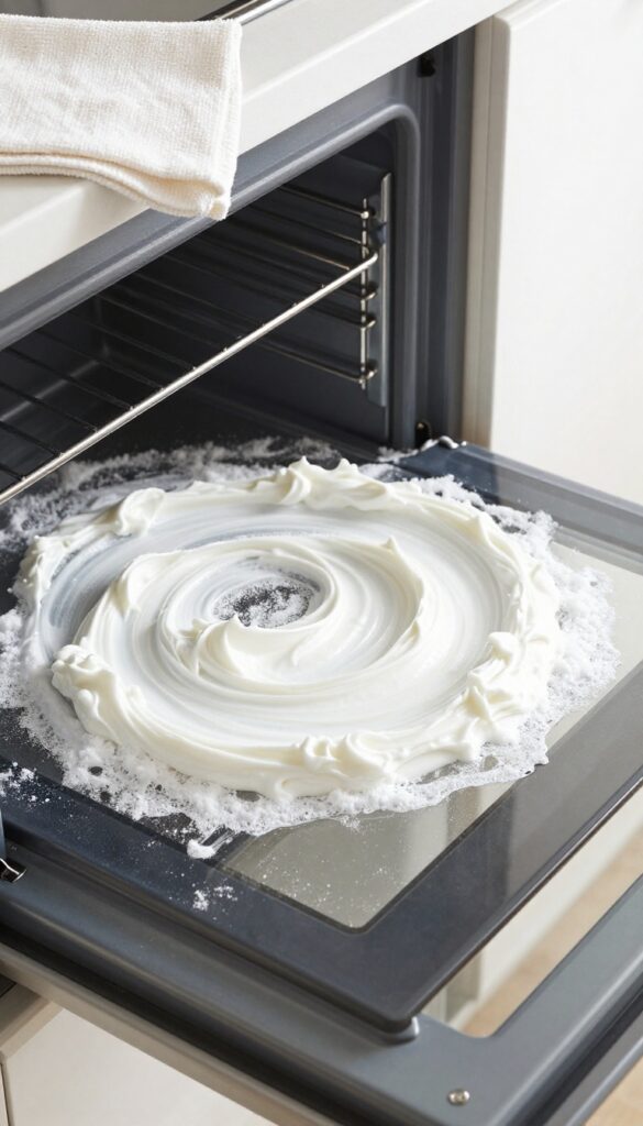 Applying dish soap and baking soda paste to an oven interior for cleaning