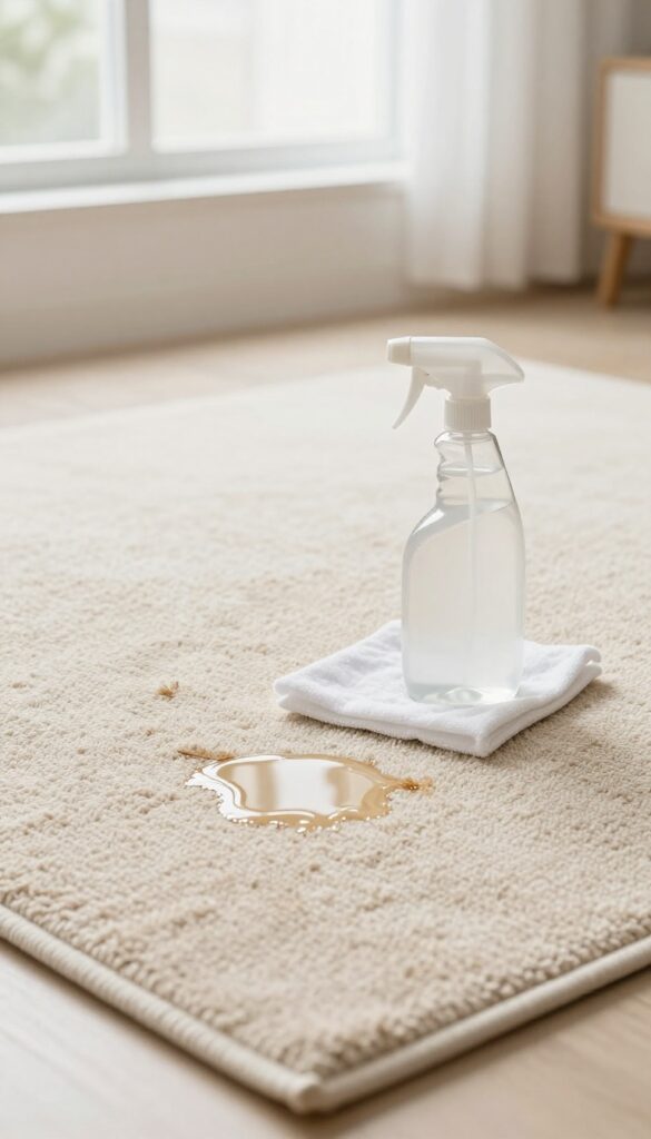 Enzyme cleaner being applied to a rug stain with a spray bottle and cloth nearby