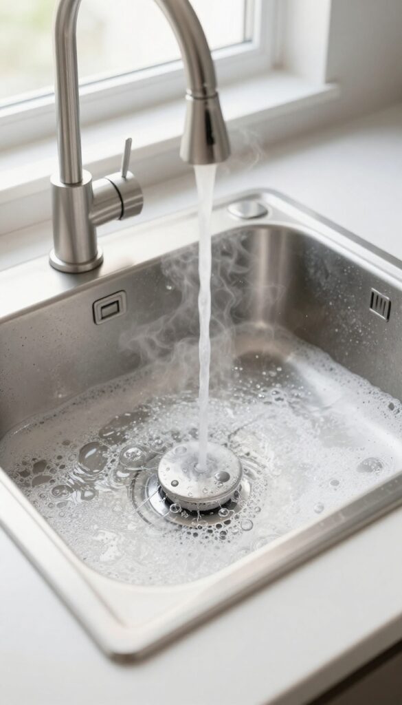 Gas stove grates and burner caps soaking in hot soapy water in a kitchen sink.