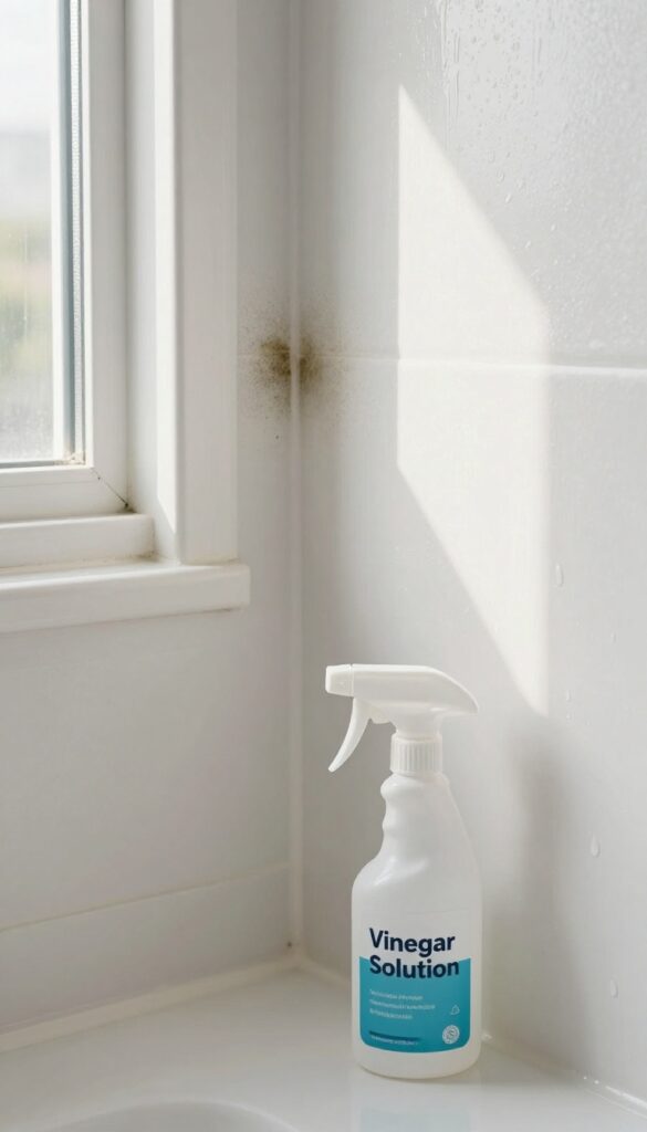 Cleaning mildew on bathroom wall with vinegar solution spray bottle