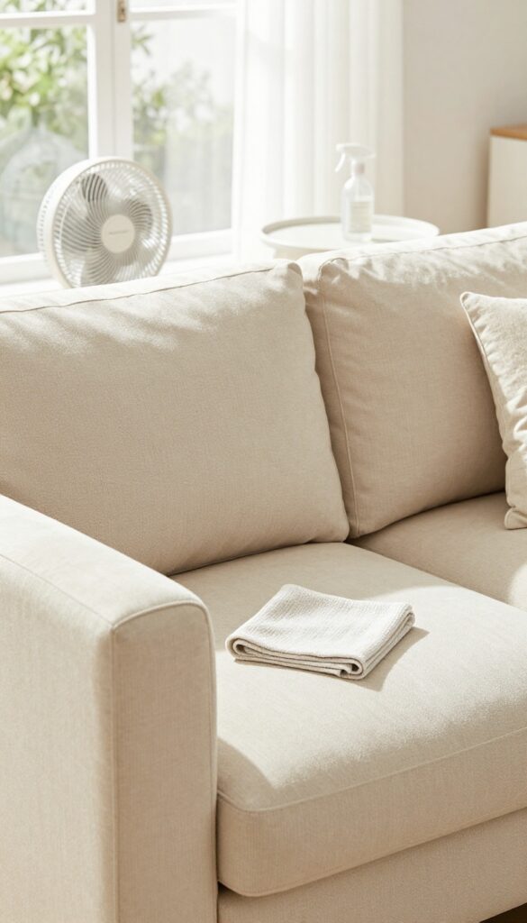Clean beige sofa in bright room with open window, fan, and aftercare items on side table
