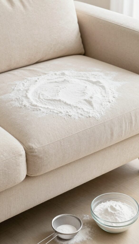 Baking soda sprinkled on a beige couch for deodorizing, with natural light and cleaning tools nearby.