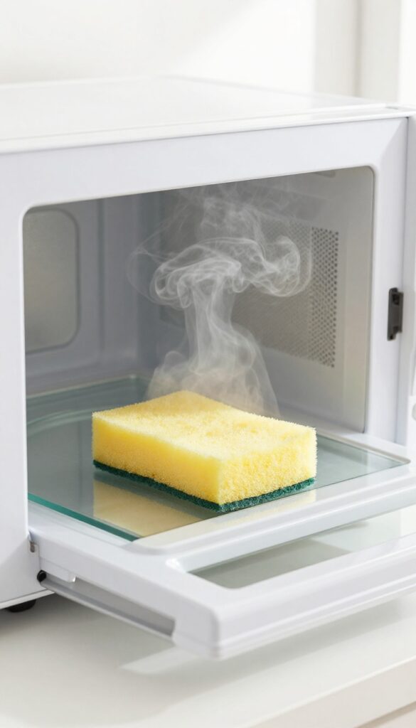 Damp sponge in microwave creating steam for cleaning