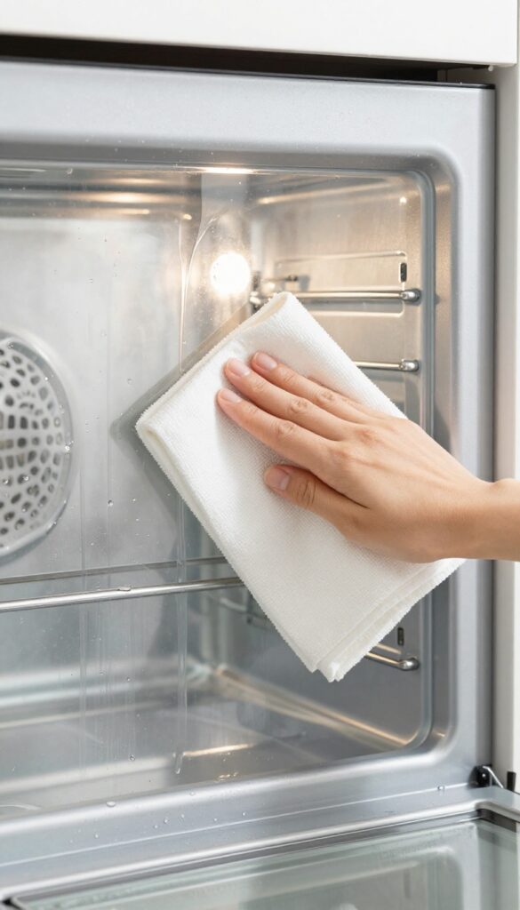 Hand wiping oven door seal with damp cloth, clean oven interior with water droplets, bright natural light, streak-free shine