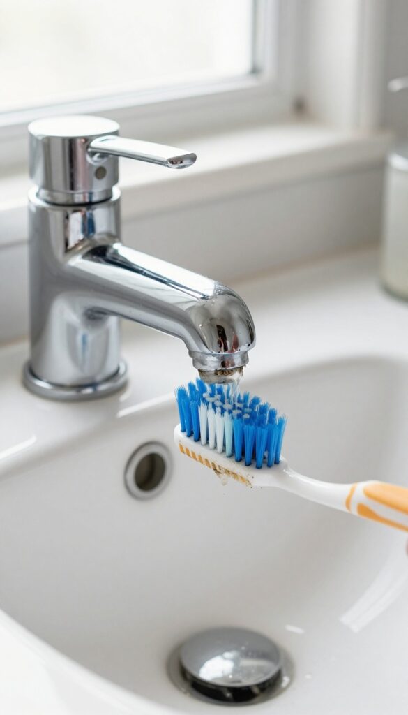 Using a toothbrush to clean grime and hard water stains around a chrome faucet base in a bright bathroom.
