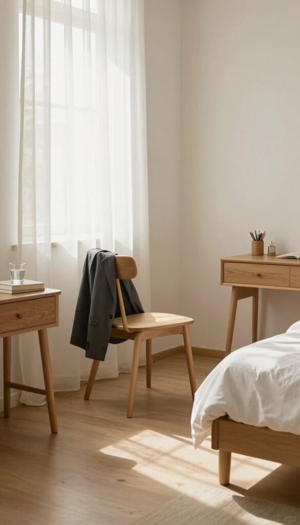 A tidy bedroom with a jacket hung on a chair and a book on a nightstand, illustrating the one-minute rule for small items.