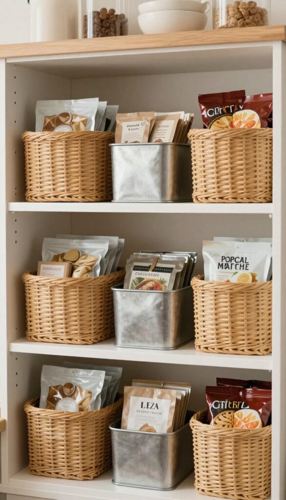 Open pantry shelf with organized baskets and bins containing food packets and snacks