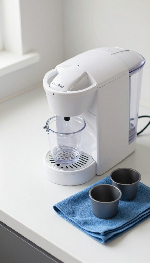 Unplugged Keurig with disassembled parts on a kitchen counter