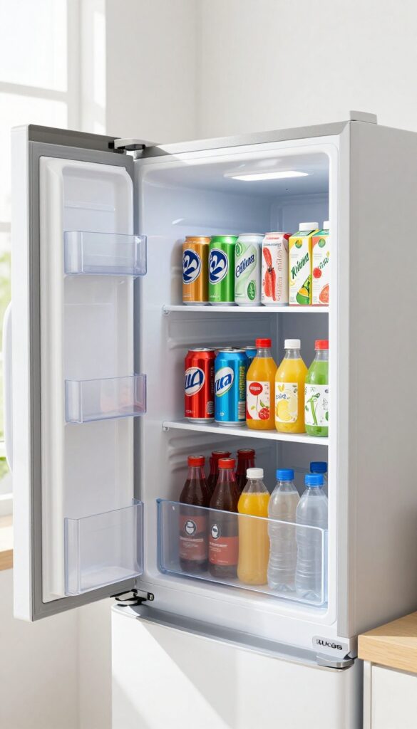 Open refrigerator shelf with a white KUGGIS box holding cans and bottles upright, creating a tidy beverage station.