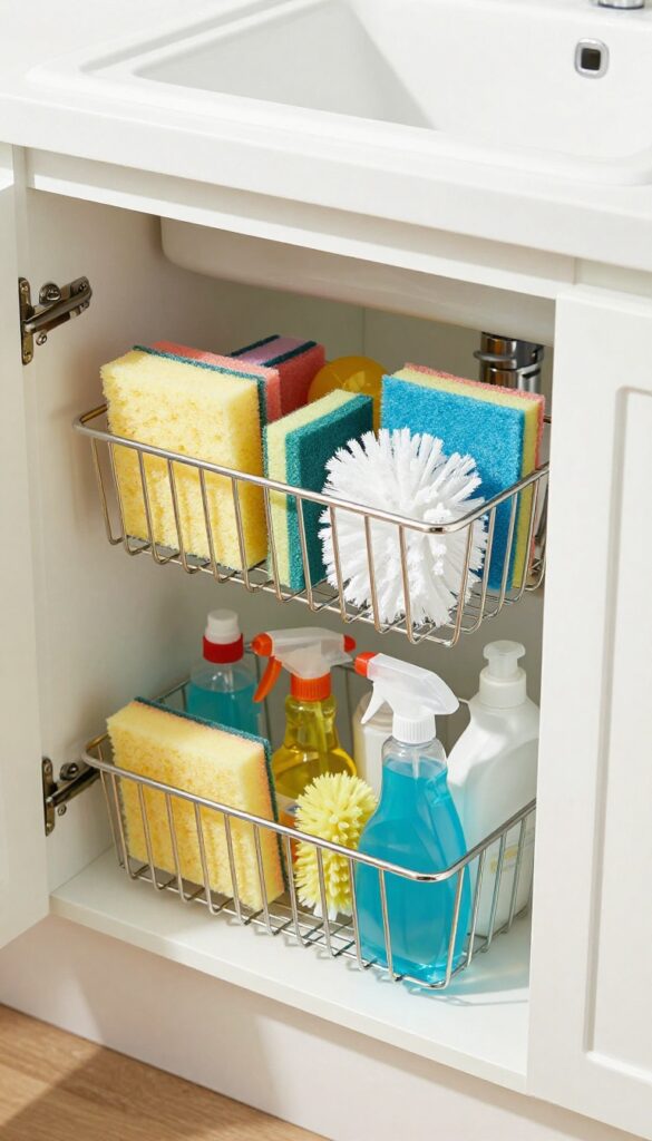 Under-sink cabinet with sliding wire baskets holding cleaning supplies