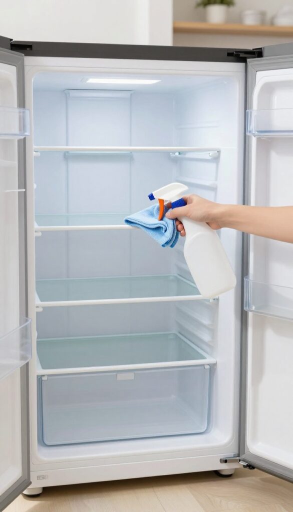 Empty refrigerator with cleaning supplies, ready to be scrubbed