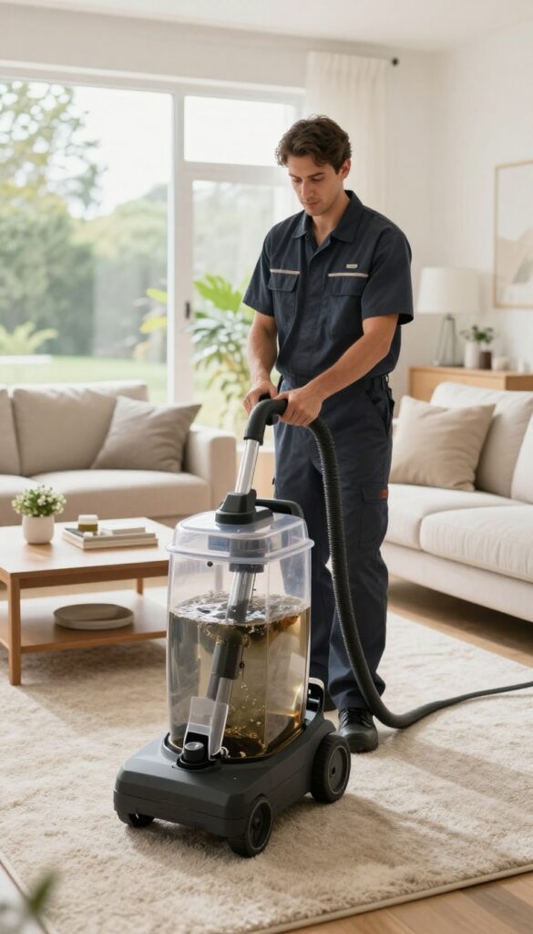 Professional carpet cleaning technician using a steam cleaner on a living room carpet