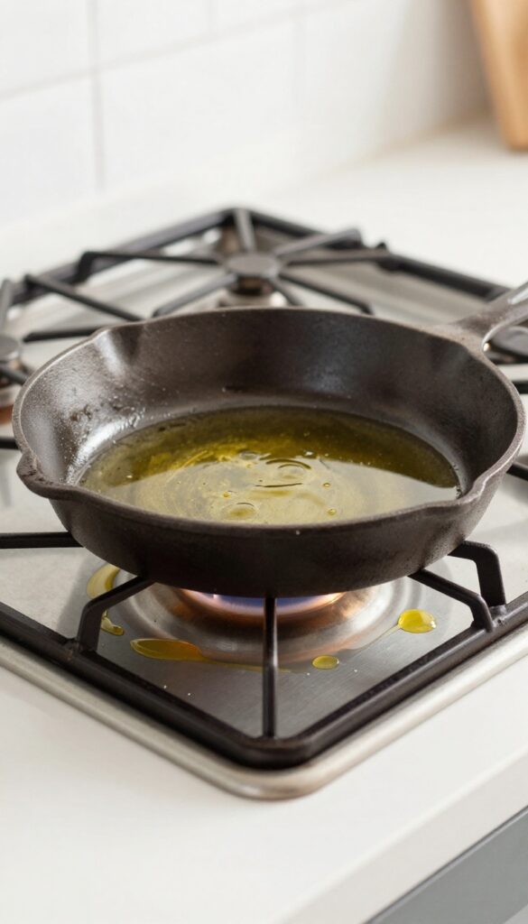 Cast iron skillet upside down in oven for seasoning, with baking sheet below