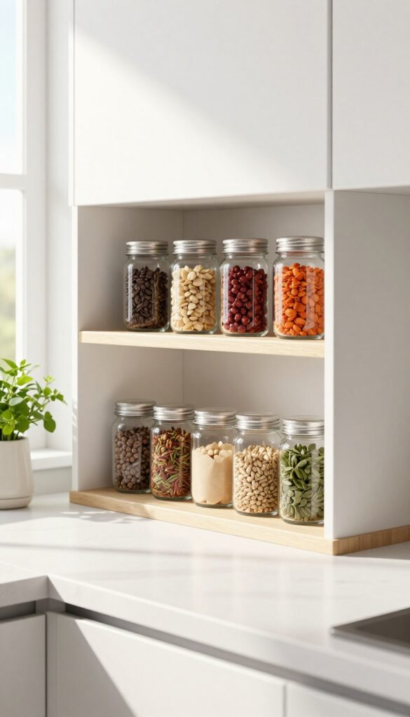Under-cabinet shelf with neatly arranged spice jars in a bright, clean kitchen