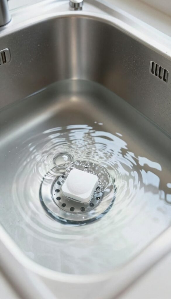 Dishwasher tablet dissolving in a sink full of hot water for deep cleaning stainless steel sink