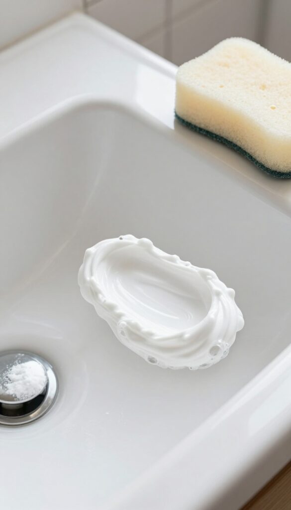 Hydrogen peroxide and baking soda paste on a white porcelain sink to remove stains