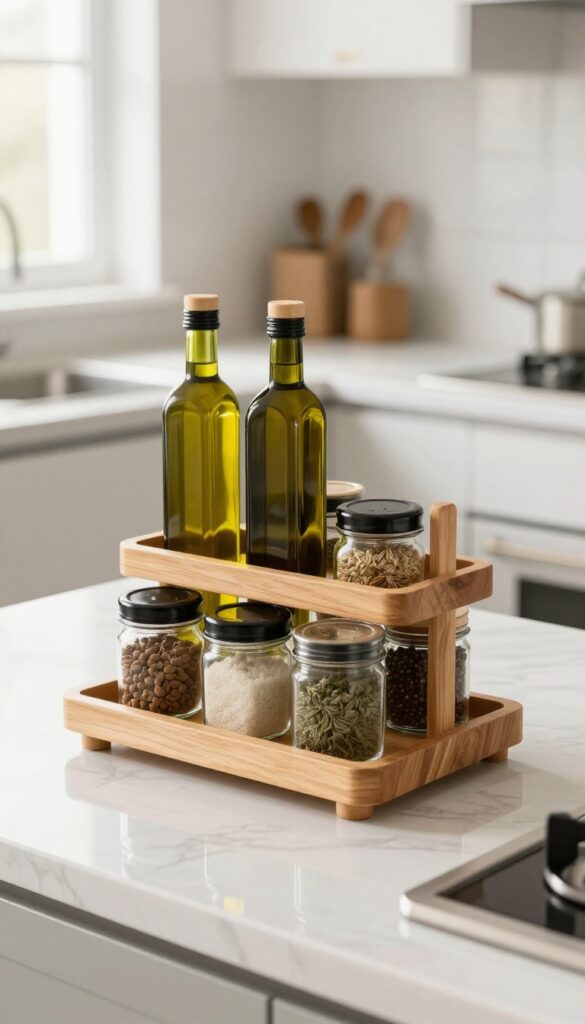 Tiered stand for oils and spices on a kitchen countertop