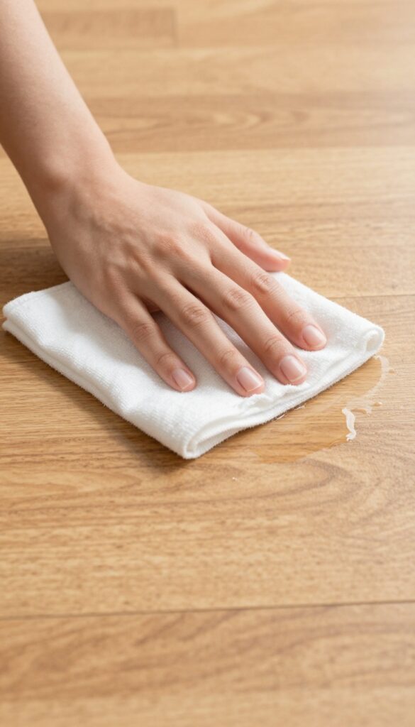 Person blotting a spill on laminate wood floor with a soft cloth, bright natural light, clean and shiny surface.