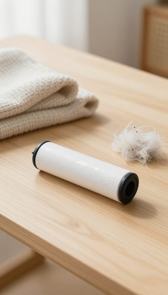 Lint roller on a table with a sweater and pet hair