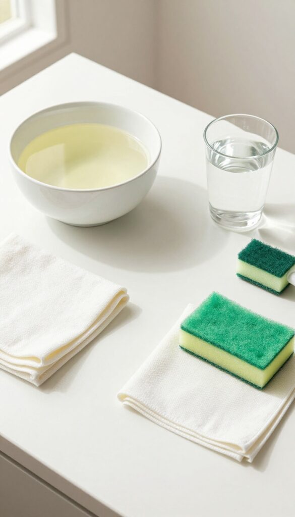 Flat lay of cleaning supplies for coffee maker: vinegar, water, cloth, sponge, brush, and filter on white counter.
