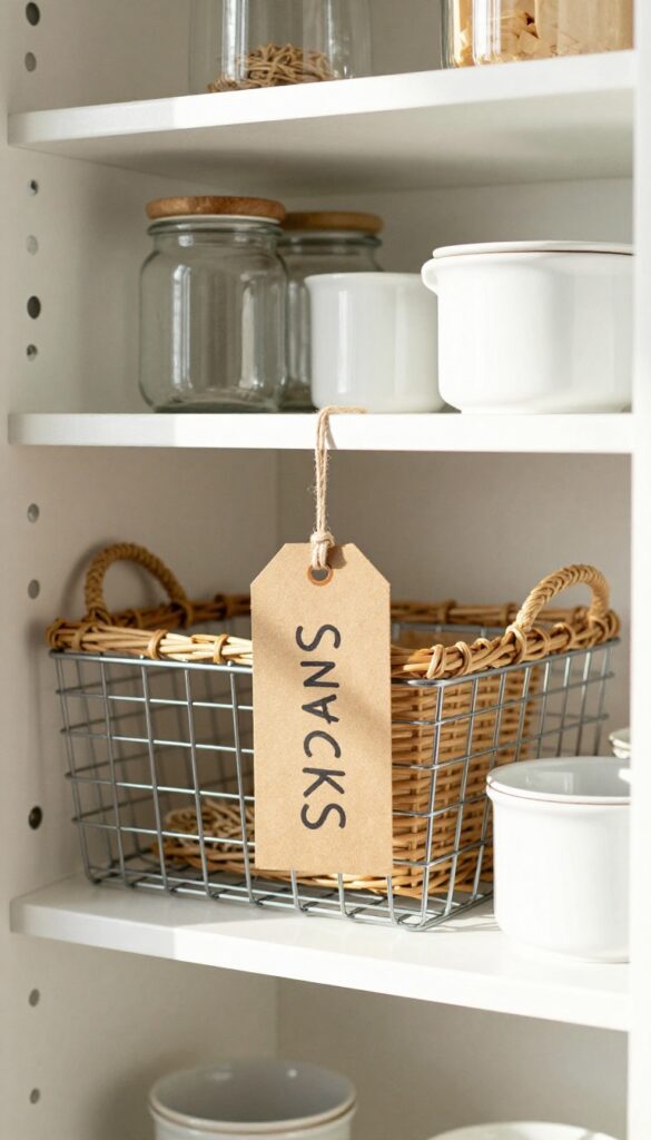 A rustic pantry shelf with a wicker basket labeled with a hang tag reading 'SNACKS', tied with twine.