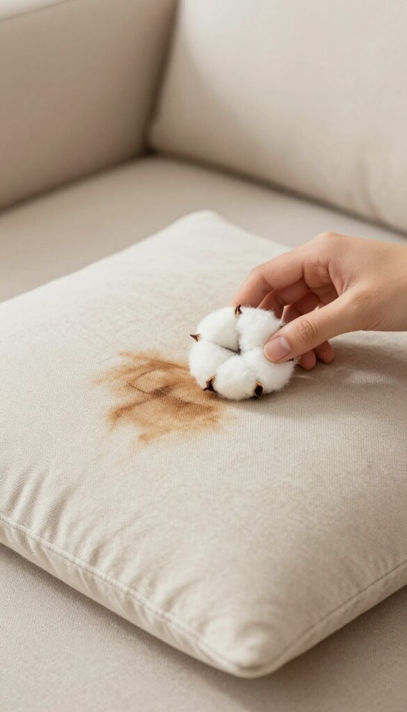 Person dabbing rubbing alcohol on an ink stain on a fabric couch cushion