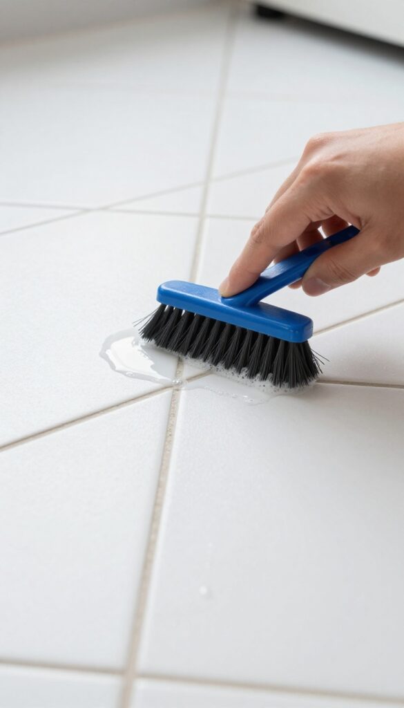 Hand scrubbing grout lines with a grout brush on a clean tile floor