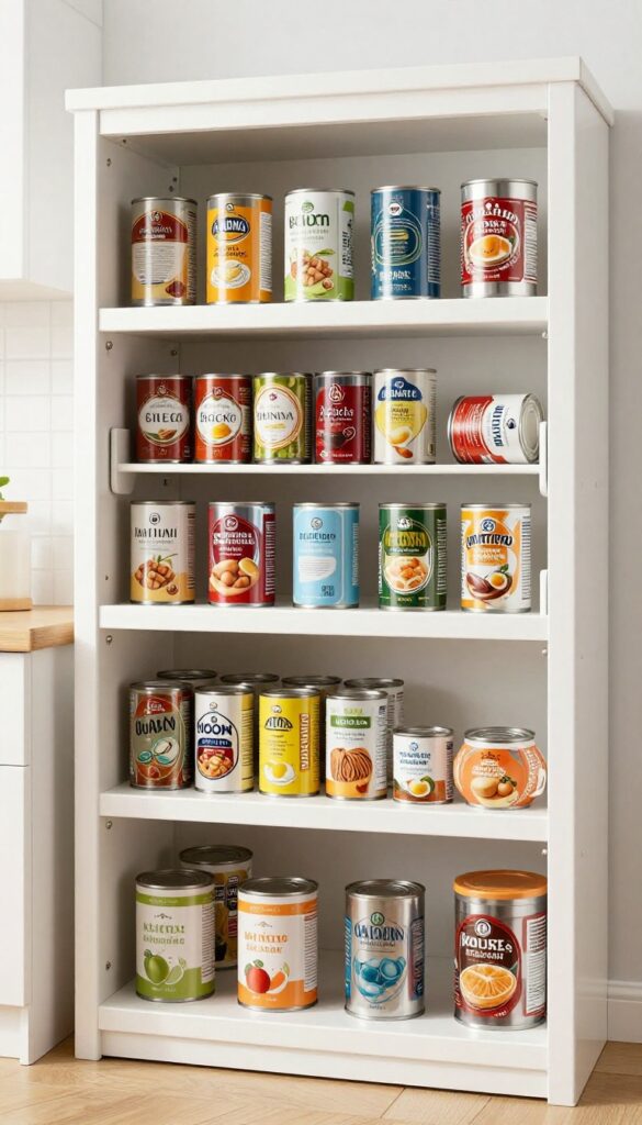 Tiered can organizer rack on a pantry shelf with neatly stacked cans