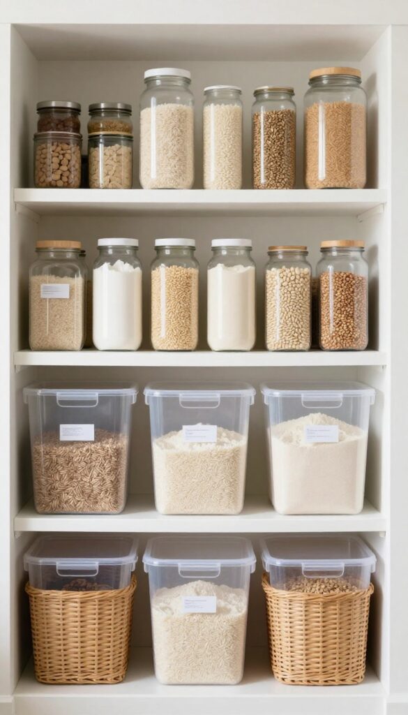 Small pantry with bulk items stored in bins under the bottom shelf