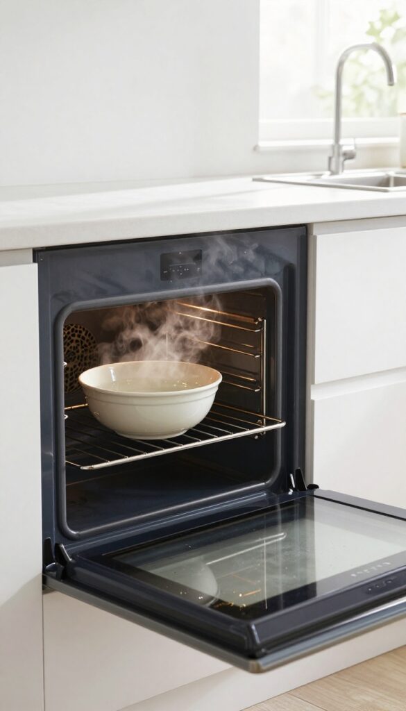Steam cleaning oven door with a bowl of water to loosen baked-on grease