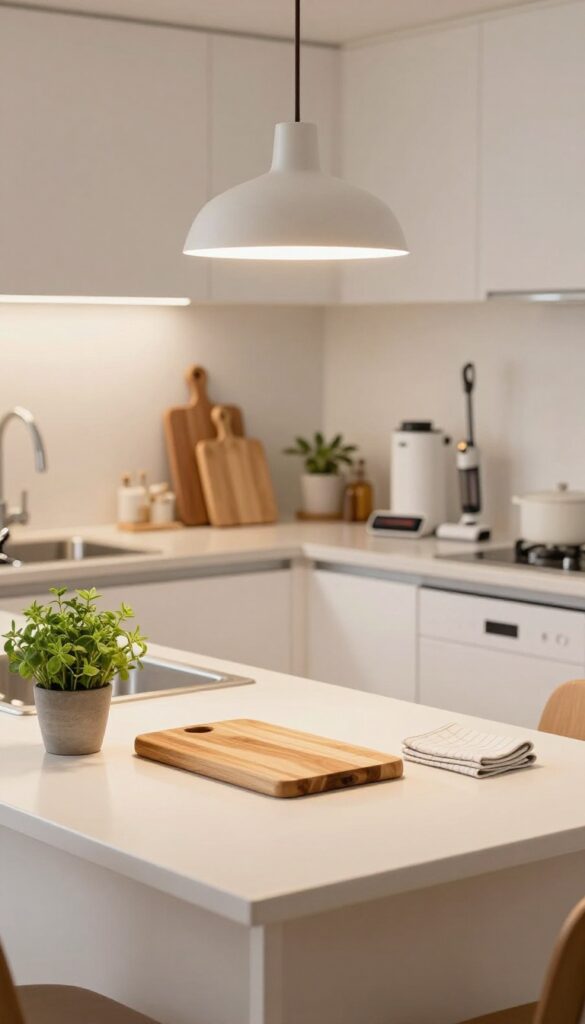 A clean and organized kitchen at night with empty counters, a closed dishwasher, and a tidy sink, ready for the next day.