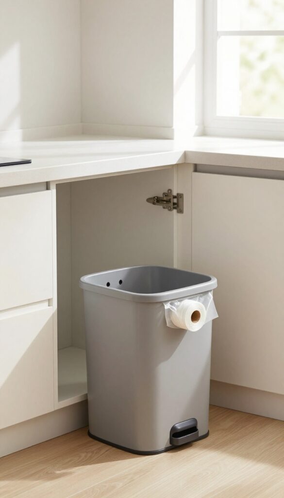 Emptying a small kitchen trash bin into an outdoor bin in a bright, clean kitchen