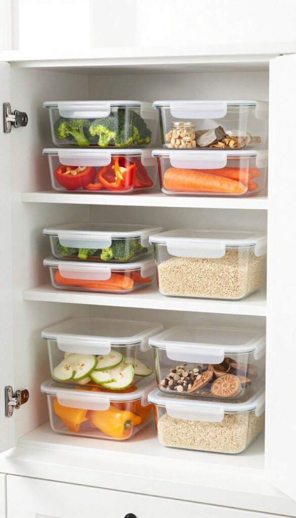 A modern pantry shelf with clear containers of pre-portioned meal prep ingredients, including chopped vegetables, cooked grains, and spices, organized for easy weeknight cooking.