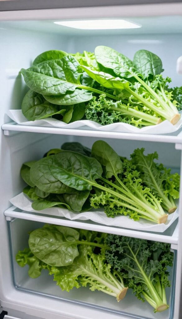 Open fridge crisper drawer with leafy greens on a paper towel, high humidity setting