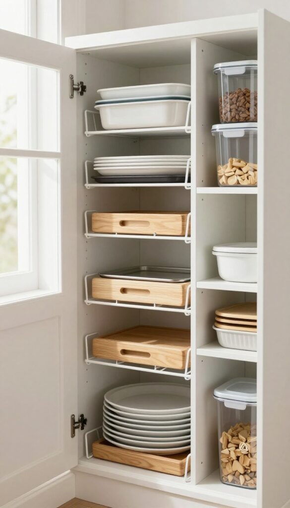 Vertical dividers in a pantry cabinet holding baking sheets and cutting boards upright for easy access.