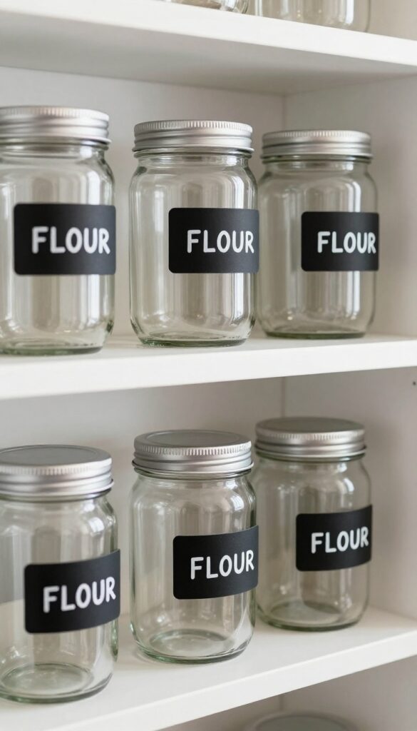 Chalkboard labels on glass jars and plastic bins in a pantry with natural light