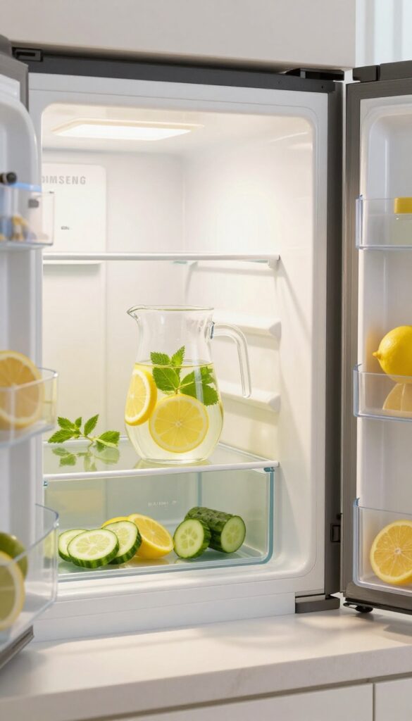 Samsung Bespoke fridge beverage center with infused water pitcher and fresh citrus slices