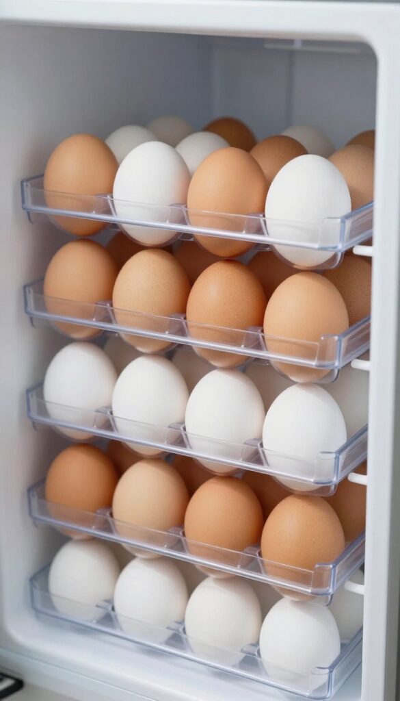 Open refrigerator door with a stackable egg holder in the door bin, filled with brown and white eggs, bright natural light, clean and organized