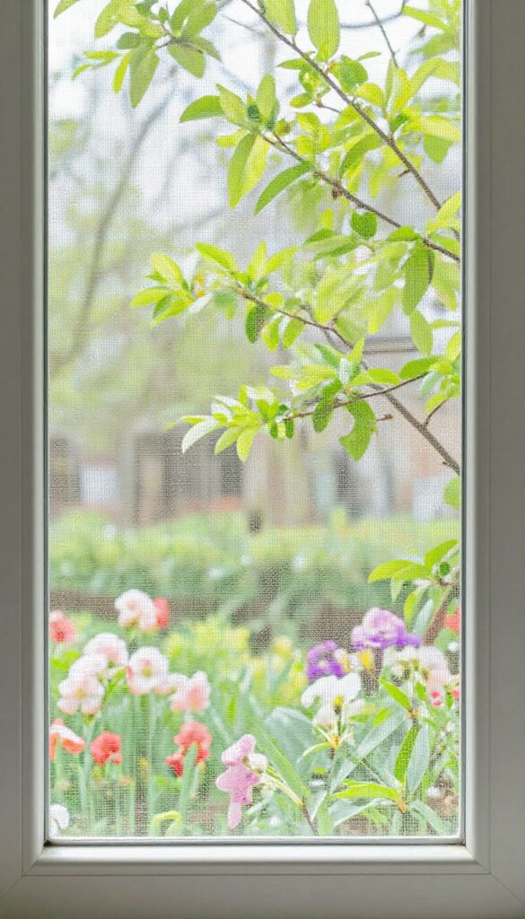Clean window screen with spring garden visible through it