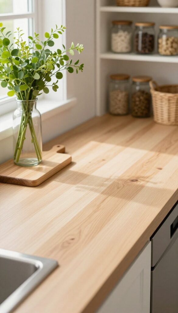 Empty kitchen counter with natural light, ready for organization