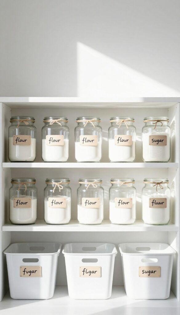 Organized kitchen pantry with labeled glass jars and bins on open shelves.
