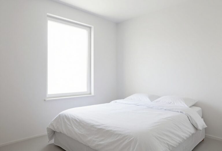 A clean and organized bedroom with a made bed and tidy surfaces, bathed in natural light.